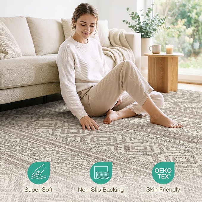 cotiled 7x9 Area Rugs Living Room Rug: Washable Boho Rugs with Non Slip Backing Large Soft Indoor Stain Resistant Carpet for Bedroom Farmhouse Dining Room Lightweight Home Decor Coffee Brown