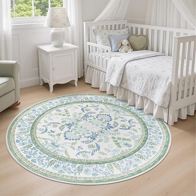 DCX Area Rug 6x6 Botanical Floral Washable Rugs in Green and Blue Soft Non Slip Low Pile Stain Resistant Round Carpet for High-Traffic Areas Bedroom Kitchen Dining Room