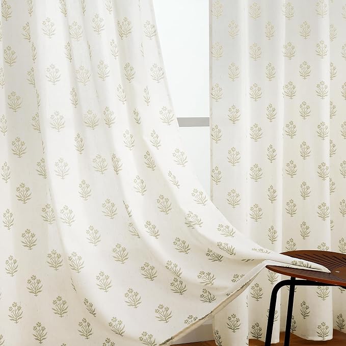 Tan Beige Floral Farmhouse Curtains, 63 Inch Length Beachy Coastal Linen Sheer Drapes for Living Room Bedroom 2 Panel Set
