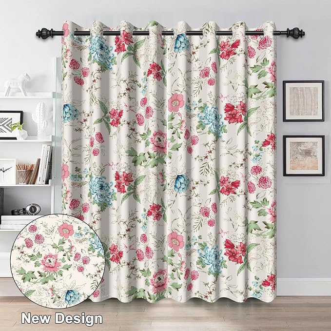 Renaiss Boho Flower Blackout Curtains Wild Blue Pink Floral Thermal Insulated Window Drapes for Bedroom 42W x 63L inches 2 Panel Set Beige Window Curtain Panels for Living Room