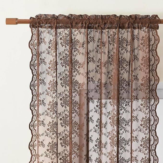 YJ YANJUN Vintage Lace Curtains 90 Inches Long-Victorian Floral Boho Brown Sheer Curtains for Living Room Bedroom, Light-Filtering Rustic Farmhouse Window Treatment, Chocolate 2 Panels 52W x 90L