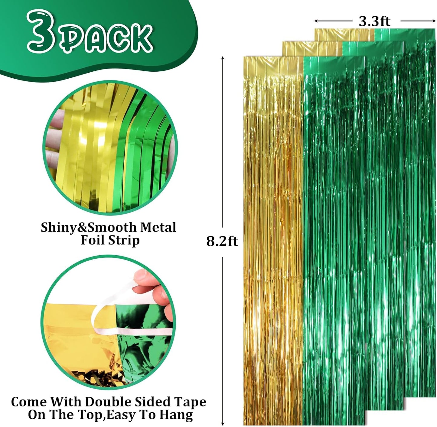 3 Pack 3.3 x 8.2 ft Green and Gold Foil Fringe Backdrop Curtains, Tinsel Streamers Party Decorations, Fringe Backdrop, Door Shimmer for Graduation or Birthday Party