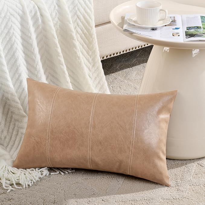Fancy Homi Tan Long Lumbar Waterproof Faux Leather Decorative Throw Pillow Covers 14x24 Inch for Living Room Couch Bed, Beige Hand Stitched Cushion Case 35x60 cm, Taupe Modern Farmhouse Home Decor