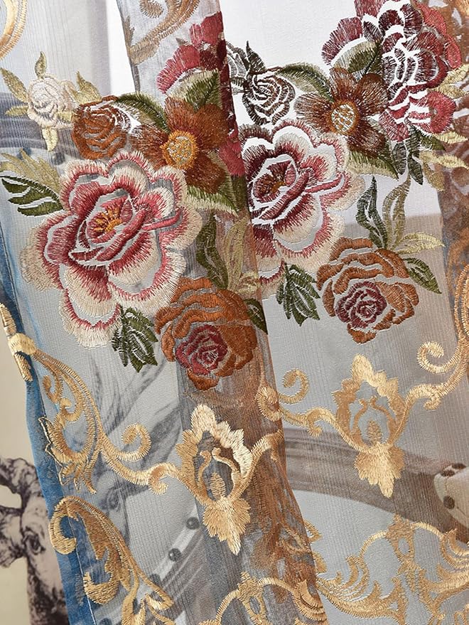 NAPEARL Luxury Embroidered Curtains for Living Room, European Style Curtain Drapes with Floral Patterns Pull Pleated Tape (52W x 96L, Floral 1)