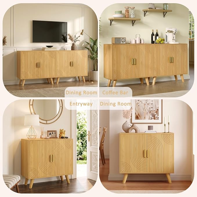 Sideboard Buffet Cabinet with Storage, Line-Grooved Storage Cabinet, Oak | Accent Cabinet with Doors and Adjustable Shelf for Kitchen Dining Living Room Hallway‌ Entryway