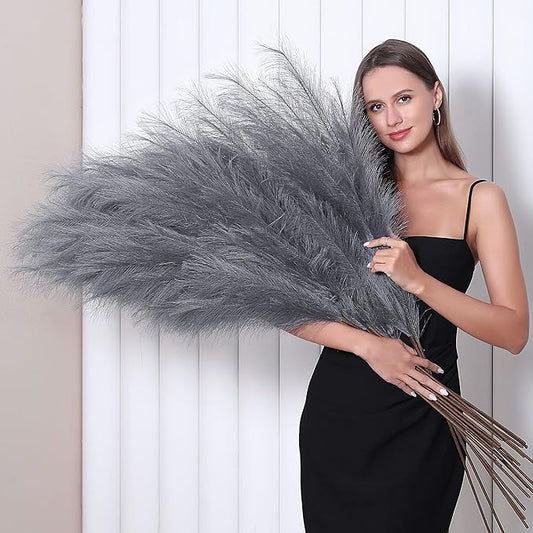 Wertuirk 8 Pcs 45 inch Tall Faux Pampas Grass Decor, Large Artificial Grey Pompous Grass Bulk, Long Fake Pompas for Floor Vase Filler, Wedding, Baby Shower, Home and Boho Decor (Grey)
