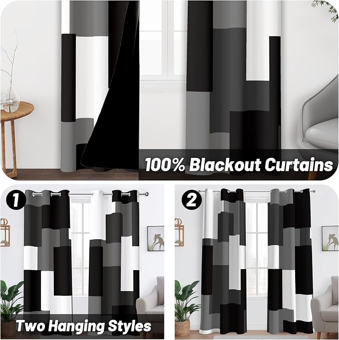 Tyrot Black Grey 100% Blackout Curtains for Bedroom 84 inch Length 2 Panels Set White Grey Modern Abstract Geometric Black Out Curtains Insulated Room Darkening Window Drapes for Living Room, 42Wx84L