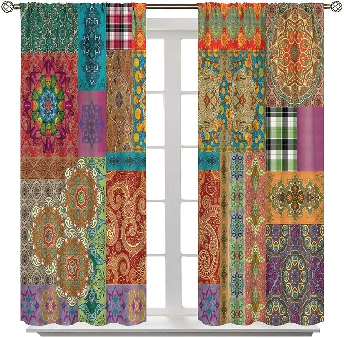 Patchwork Floral Boho Blackout Curtains Vintage Style Colorful Patchwork Design Pattern Art Print Window Drapes for Bedroom Living Room Kitchen Cafe （W26xL84 Inch） x2 Panels