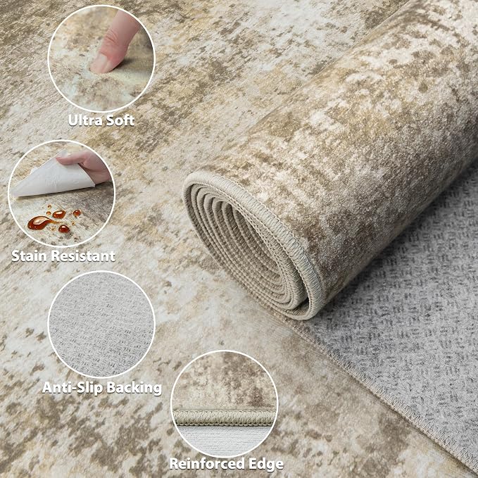 8x10 Area Rugs for Living Room Bedroom: Abstract Washable Rug with Anti-Slip Backing Non-Shedding Stain-Resistant Soft Large Carpet for Dining Room Nursery Hallway Indoor Home Office Beige Grey