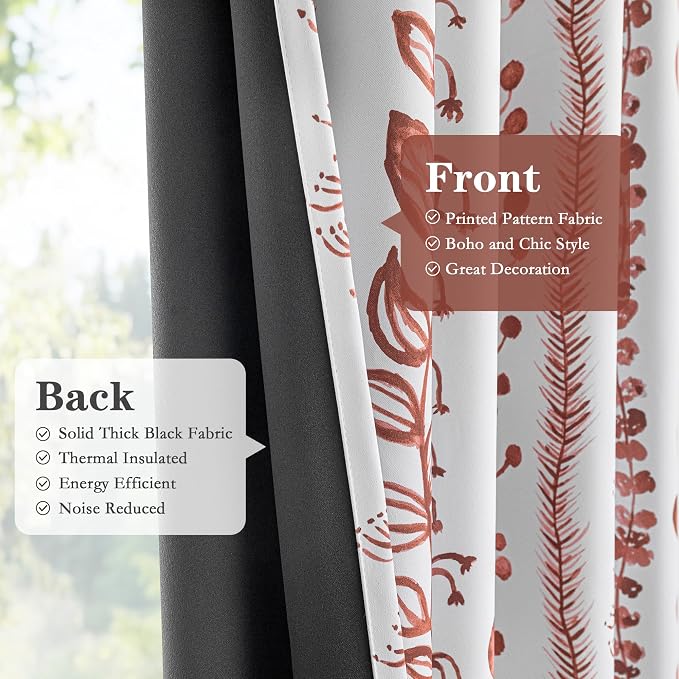 MEETSKY Terracotta Blackout Curtains 95 Inches Long 2 Panels - Burnt Orange Curtains for Living Room Thermal Insulated Rod Pocket Drapes for Bedroom, Leaf Print Window Treatment, 50" Wide