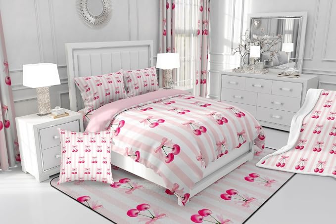 Feelyou Pink Girls Bow Curtains for Bedroom Living Room (2 Panels, 38 x 45 Inch) Kawaii Cherry Prints Darkening Dreapes Boys Teens Decor Bow Blackout Curtains Cute Bowknot Window Treatments