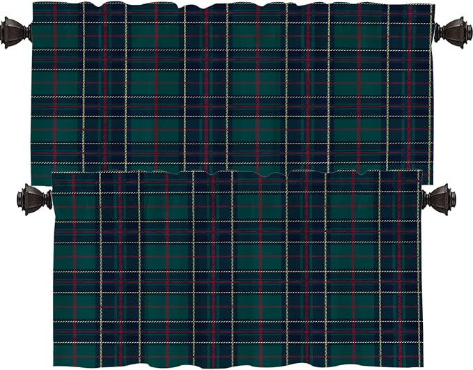 Shrahala Tartan Plaid Kitchen Valances, Green Scottish Fabric Kilt Twill Woven Half Window Curtain Window Treatment Multilayer Polyester Blackout for Living Room Bathroom 2 Pack 52 x 18 in