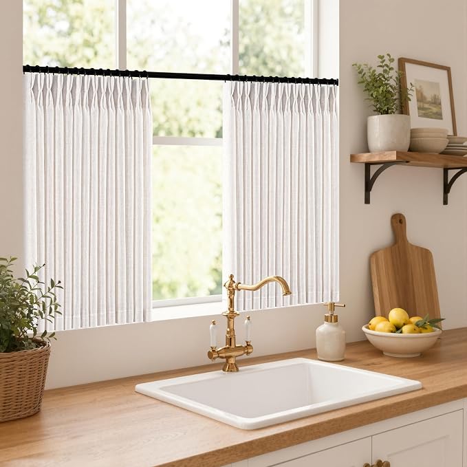 MIULEE Pinch Pleated Thick Linen Curtains 36 Inches Long 2 Panels for Kitchen Bedroom, Small Short Linen Textured Memory Trained Drapes Pleat Back Tab Light Filtering Natural Half Window Curtains