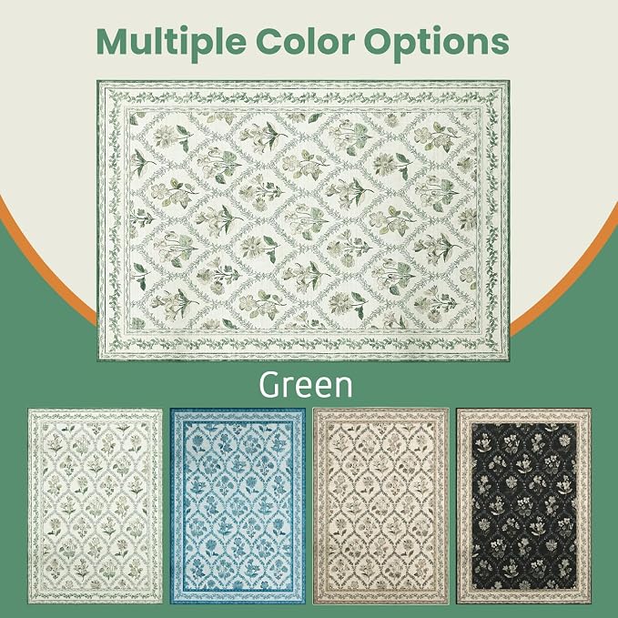 LIANLAM Checkered Rug 8x10 Area Rugs for Living Room - Stain Resistant & Non-Slip Backing Vintage Boho Floral Design Rug for Bedroom,Durable & Ultra-Thin Large Washable Area Rug(8x10,Green)
