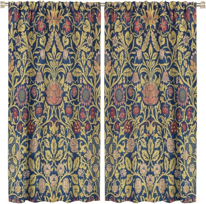 Retro Bohemian William Morris Plant Floral Blackout Window Curtains, Abstract Vintage Country Floral Leaf Pattern Print Window Drapes, for Bedroom Living Room 72x63in