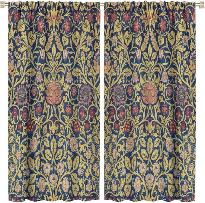 Retro Bohemian William Morris Plant Floral Blackout Window Curtains, Abstract Vintage Country Floral Leaf Pattern Print Window Drapes, for Bedroom Living Room 27.5(W)*63(L) 2 Panels