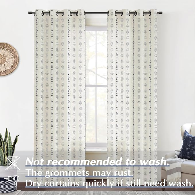 Navy Blue and White Curtains 84 Inch Length 2 Panels Set,Nautical Floral Striped Grommet Linen Sheer Pattern Curtains for Living Room Bedroom,Dark Indigo Blue