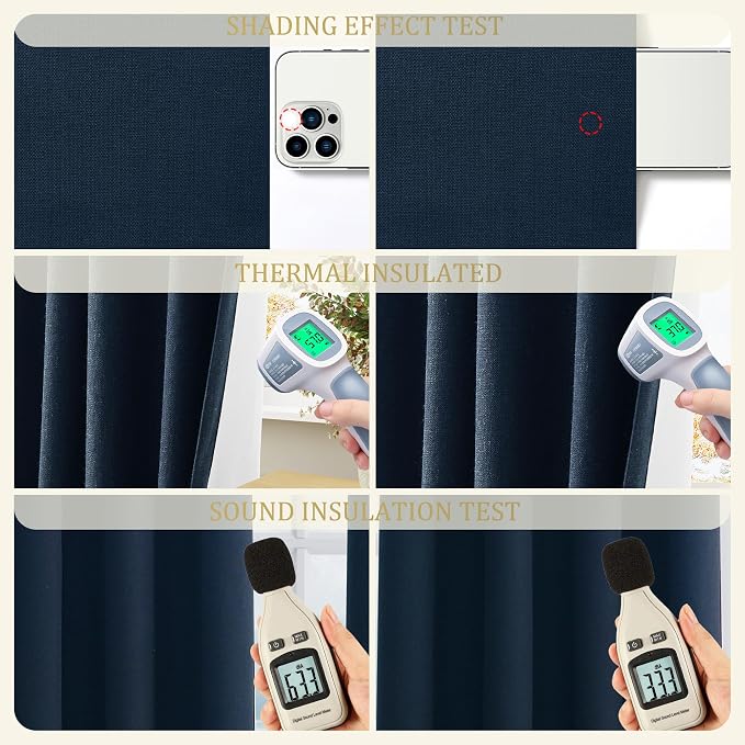Jowels Retro Blue Linen Blackout Curtains 90 Length 2 Panels Set for Living Room Bedroom, 100% Black Out Thermal Insulated Linen Drapes, Room Darkening Grommet Curtains 90 Inches Long Retro Blue