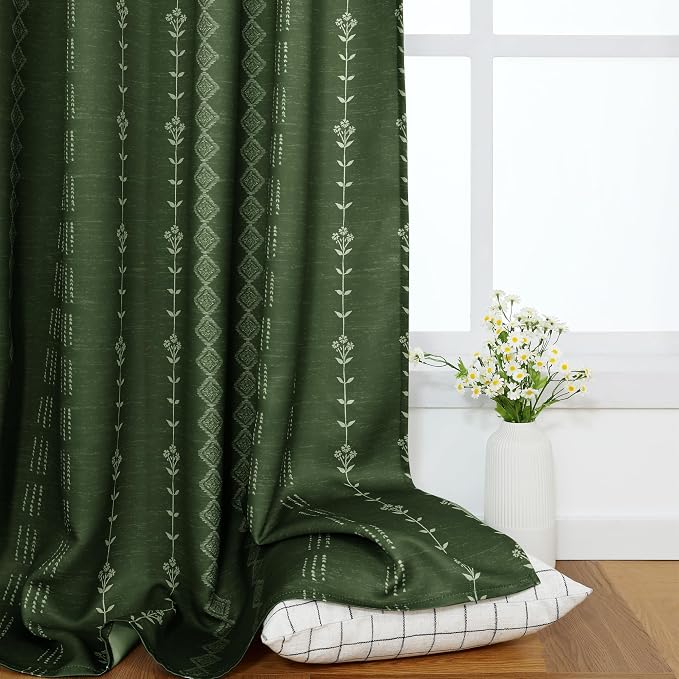 Lino Rosa Olive Green Patterned Black Out Curtains 96 Inch Long 2 Panel Set, Boho Thermal Insulated Blackout Heat Blocking Drapes for Summer Heat, Dark Moss