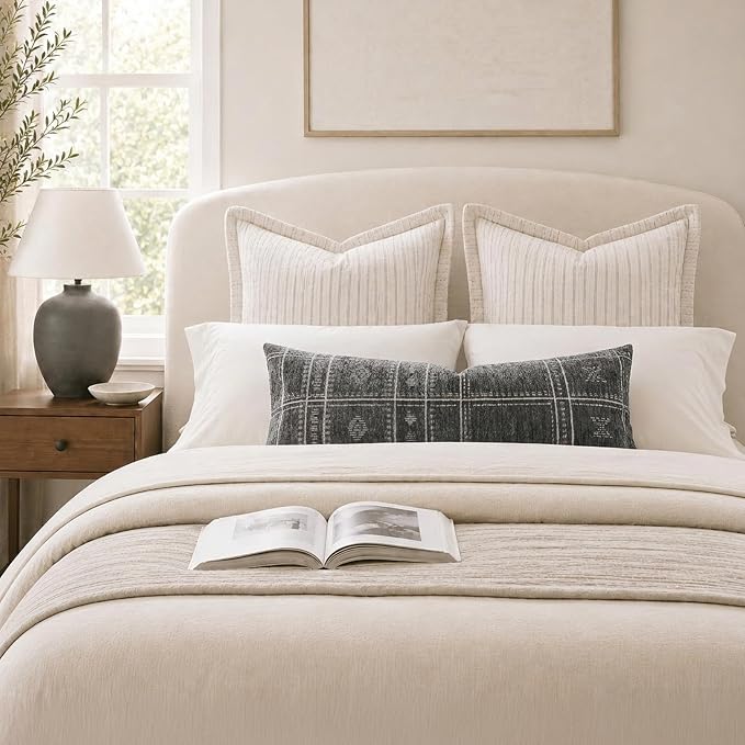 BlissBlush Decorative Lumbar Pillow Cover 14x36, Long Decorative Throw Pillow for Bed, Dark Gray Boho Textured Chenille Accent Pillowcase for Bedroom Home Décor (Cover Only)