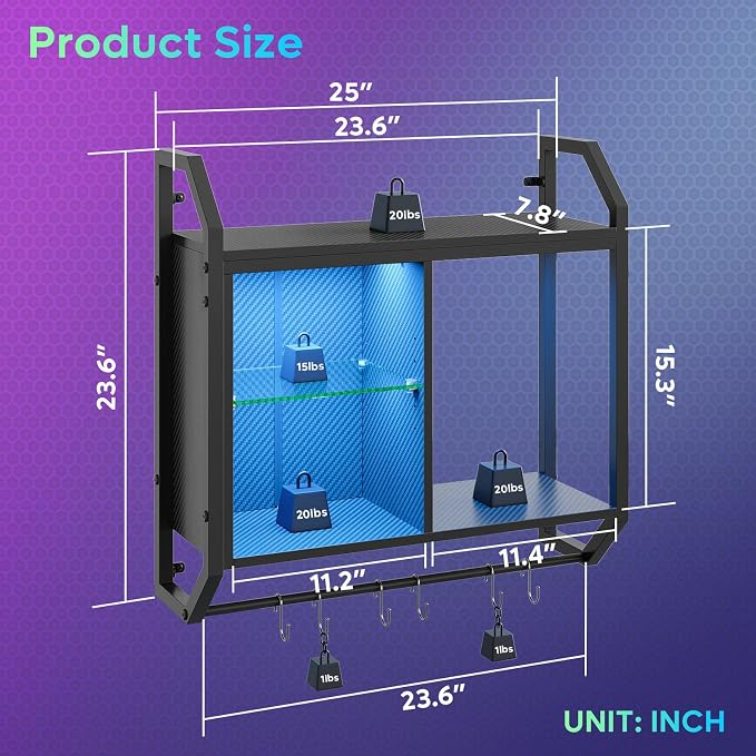 Bestier 25" LED Gaming Floating Shelves for Wall, Wall Mounted Shelf Pipe Adjustable Glass Shelves, Hanging Display Rack with 6 S-Hooks Towel Bar, Gaming Room Decor Shelf, Carbon Fiber Black