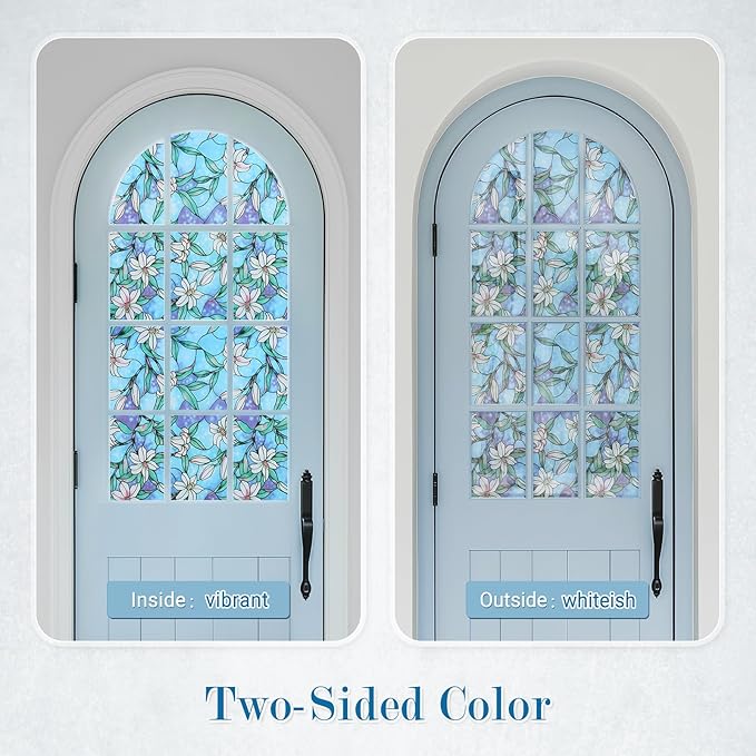 rabbitgoo Stained Glass Window Film, Anti UV Heat Blocking Privacy Film for Glass Window Door Covering, Static Cling Removable Decorative Privacy Sticker for Bathroom, Blue Lily, 23.6 x 157.4 Inches