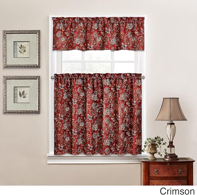 Waverly Navarra Crimson Tier & Valance Set - 100% Polyester Jacquard - 52" X 36"
