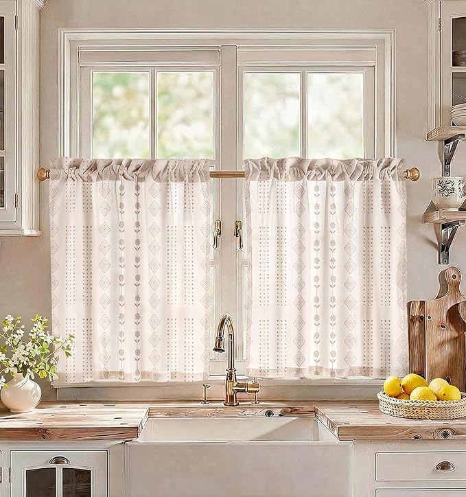 Miss Adola Farmhouse Kitchen Tier Curtains - 30 Inch Length Linen Blend Boho Cafe Curtains Striped Beige Small Window Treatments Over Sink Rod Pocket for Bathroom Living Room Light Filtering, 2 Panels