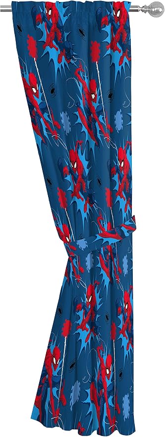 Jay Franco Kids Window Drapes - 4 Piece Curtain Set Includes 2 Tiebacks, Beautiful Bedding Room Décor and Easy Set Up, Blue - Spiderman, 84 Inch