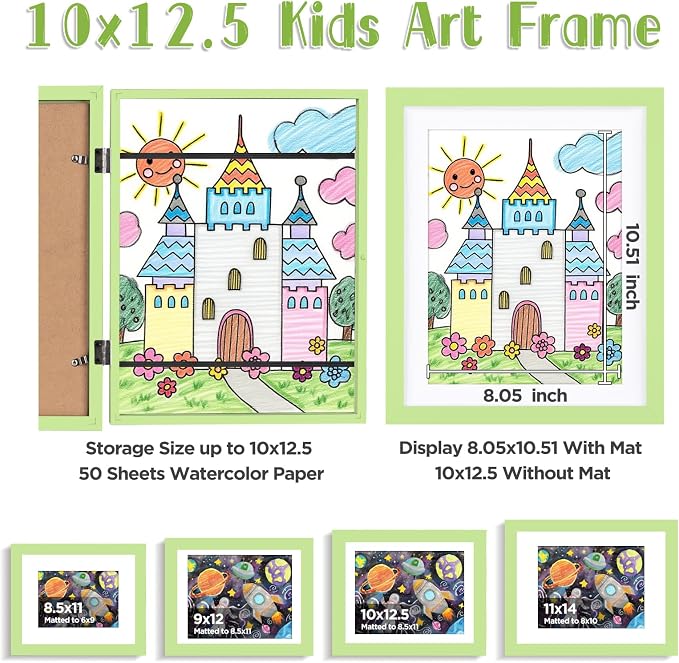 KINLINK 10x12.5 Kids Art Frame 2 Pack, Solid Wood Artwork Frames Changeable, Front Opening Hold 150 Pictures, Art Frames for Kids Artwork, 8.5x11 with Mat 10x12.5 without Mat, Picture Frames Light Green