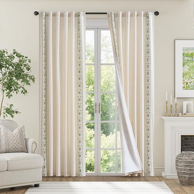 jinchan Weslie Boho Lined Linen Curtains for Bedroom Sage Green Vintage Floral Farmhouse Curtains 84 Inches Long Linen Drapes for Living Room Embroidered Drapes Sage on Beige 2 Panels