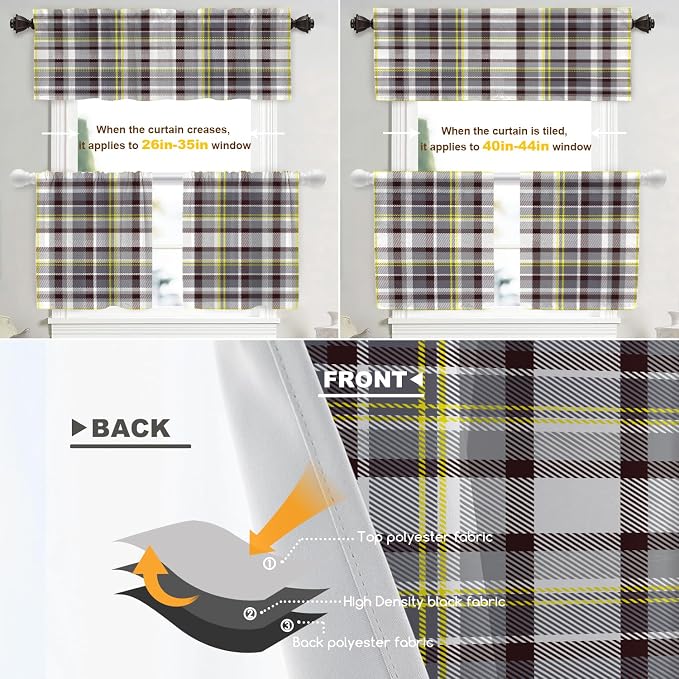 Shrahala Grunge Vintage Art Plaid Blackout Curtain Tiers, Tartan Grey Kitchen Valance Light Blocking Tier Drapes with Rod Pocket, 2 Pack 26 X 24 in