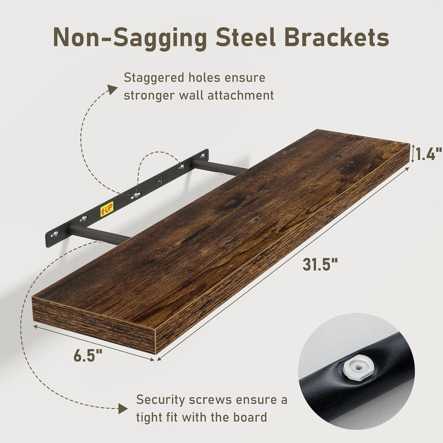 Fun Memories 32 Inch Floating Shelves Wall Shelf Set of 3, Rustic Farmhouse Home Decor Kitchen Living Room Shelves Wall Mounted, 32 x 6.7 x 1.4 Inch, Rustic Brown