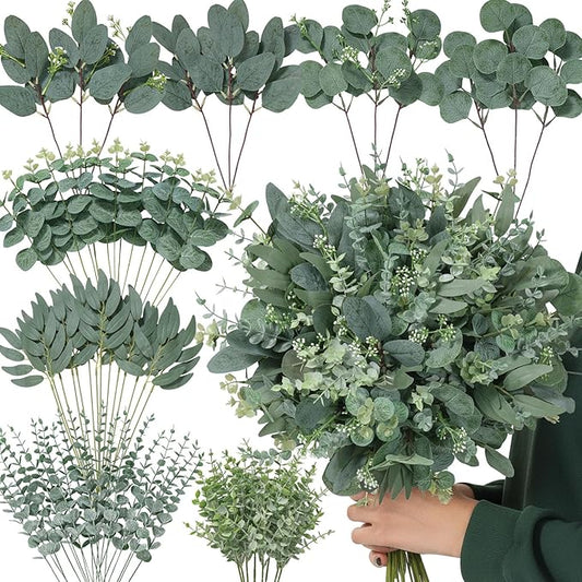 Serwalin 70 Pcs 8 Kinds Mixed Eucalyptus Stems Bulk,Artificial Greenery Silver Dollar Eucalyptus Leaves Picks for Centerpieces Vase DIY Bouquet Arrangement Home Decor