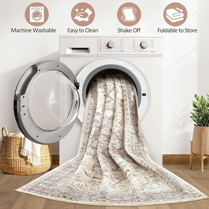 Runner Rug Kitchen Washable Rugs: 2x5 Non-Slip Boho Soft Vintage Stain Resistant Indoor Floor Neutral Farmhouse Throw Carpet for Hallway Bathroom Laundry Room Entryway Bedroom- Brown
