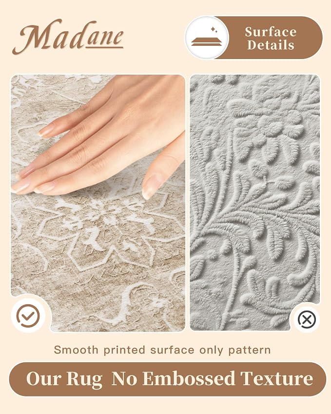 Madane Washable 6x9 Area Rugs for Living Room, Vintage Neutral Rug with Non-Slip Backing, Soft Stain Resistant Throw Rugs Thin Carpet for Bedroom Dining Room Farmhouse (6 x 9, Beige/Brown)