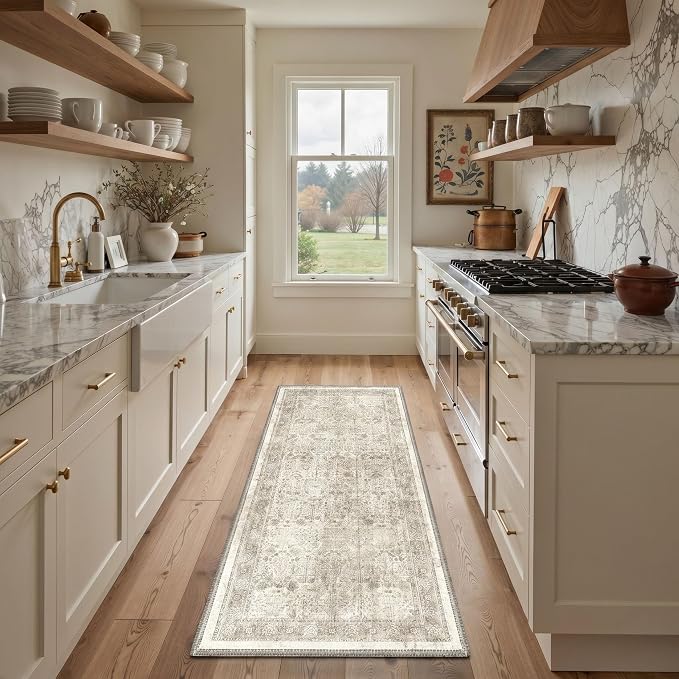 Bavni 2x6 Rug Runners for Hallways, Washable Runner Rug Non Slip,Vintage Floral Print Style Rugs for Bedroom-Lightweight Low Pile Carpet for Hallways Bathroom, Beige Floral
