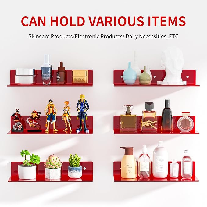 Sezanrpt 15 Inches Red Acrylic Shelves, Wall Mounted Shelves for Bedroom, Wall Display Shelves for Collectibles, Funko Pop, Speaker, Plants, 2 Pack