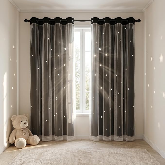 Kids Blackout Curtains for Bedroom/Living Room/Classroom, Sheer Overlay Small 2 Panel Set, Double Layer Curtains with Star Cutout for Kids Room(W 52 x L 36 Inches,Black 2 Pcs)