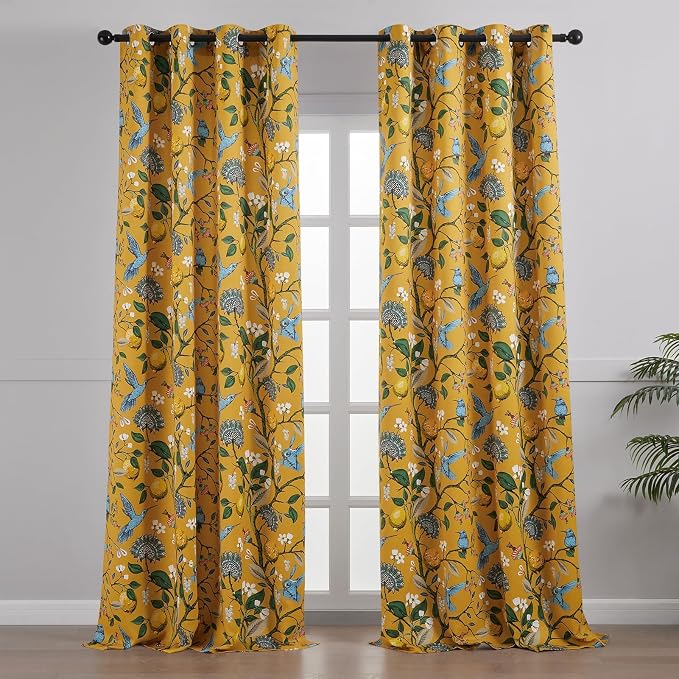 Topfinel Mustard Yellow Luxury Curtains 96 Inches Long for Living Room Bedroom, Blackout Vintage Art Deco Anthropologie Victorian Curtains Floral Lemon Hummingbird Printed Grommet Drape 96 Inch Length