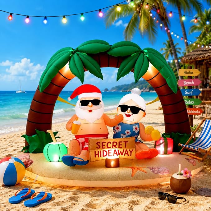 Leyndo Christmas in July Inflatable, 7 ft Christmas Inflatables Santa and Mrs. Claus Secret Ornament Built-in LED Xmas Blow up Yard Decorations for Island Holiday Beach Party Supplies