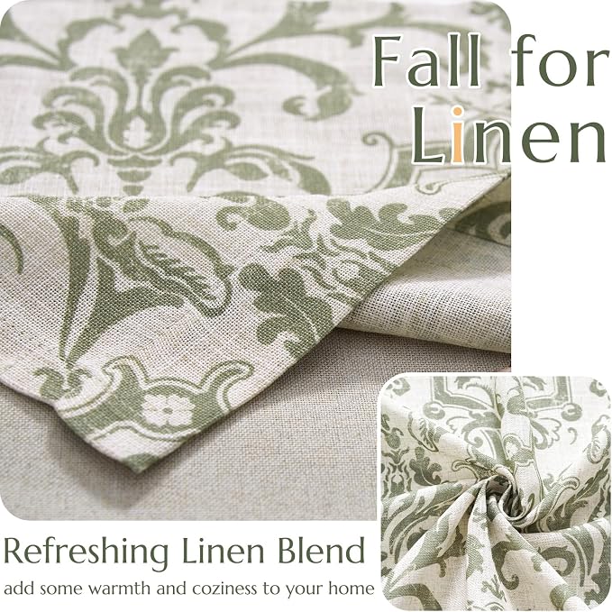 jinchan Linen Valance Curtain for Kitchen Vintage Damask Floral Blackout Valance Double Layer Small Window Curtain for Living Room Bedroom Bathroom 18 Inch Rod Pocket 1 Panel Sage Green on Beige