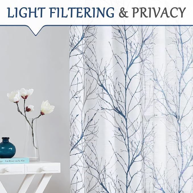 FMFUNCTEX Linen Semi Sheer Curtains for Bedroom, Blue White Curtains 63 Inches Long for Living Room, Grey Tree Branch Patterned Curtain Light Filtering Farmhouse Window Drapes, Grommet Top 2 Panels