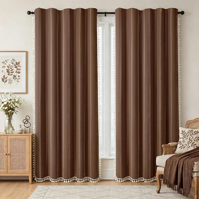 Brown Boho Blackout Curtains 2 Panels 84 Inch for Living Room Bedroom, Linen Texture Farmhouse Curtains with Tassels and White Cotton Embroidery Vintage