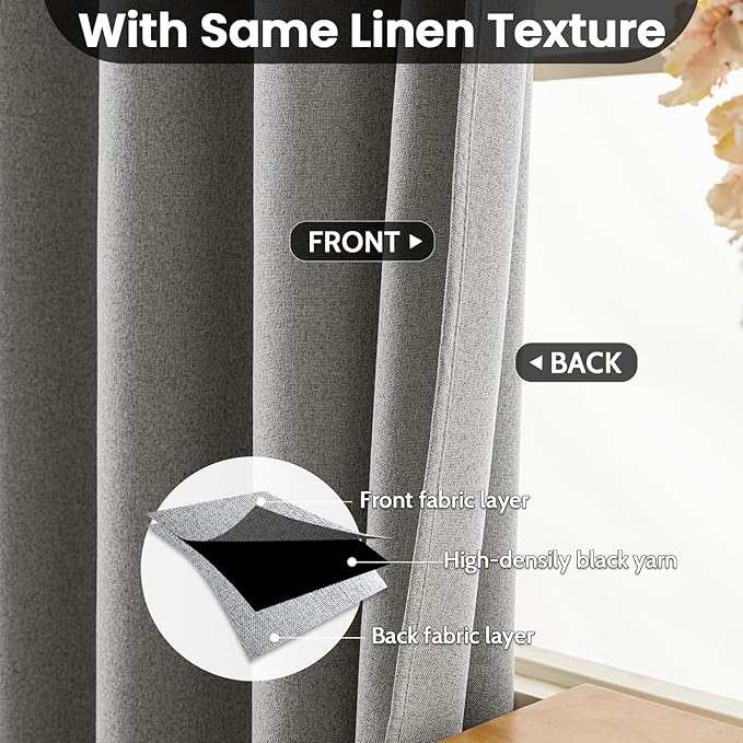 COSVIYA 100% Blackout Dove Grey Linen Curtains & Drapes 96 Inch Length 2 Panels Set, Full Room Darkening Grommet Insulated Thermal Window Panels for Bedroom/Living Room,52x96 inches