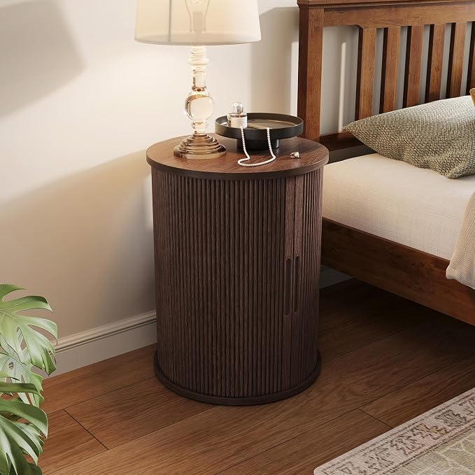 LINSY HOME Round Fluted End Table, Tall Side Table with Sliding Tambour Door and Storage Shelf, Modern Bedside Table, Mid-Century Nightstand for Living Room, Bedroom, Dark Walnut