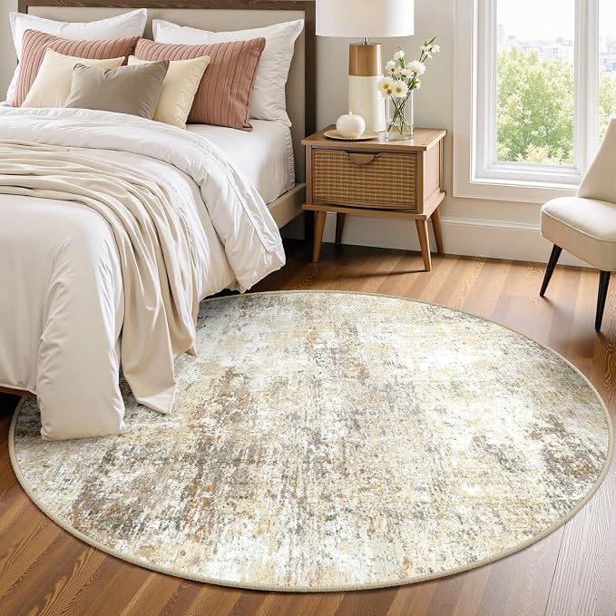RELEANY Washable Area Rugs 4ft Non-Slip Modern Abstract Soft for Living Room Entryway Bedroom Kitchen, Print Pattern, Neutral Brown Gray