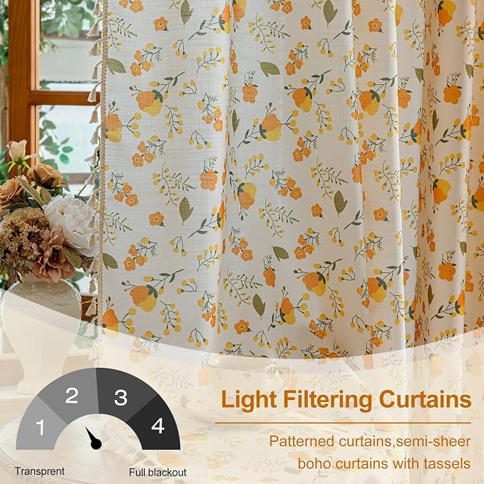 OYX Floral Boho Curtains 2 Panels Short 63 Inch Curtains Patterned Semi Sheer Living Room Drapes Farmhouse Boho Window Curtain Panels with Tassel Beige Rod Pocket Bedroom Drapes