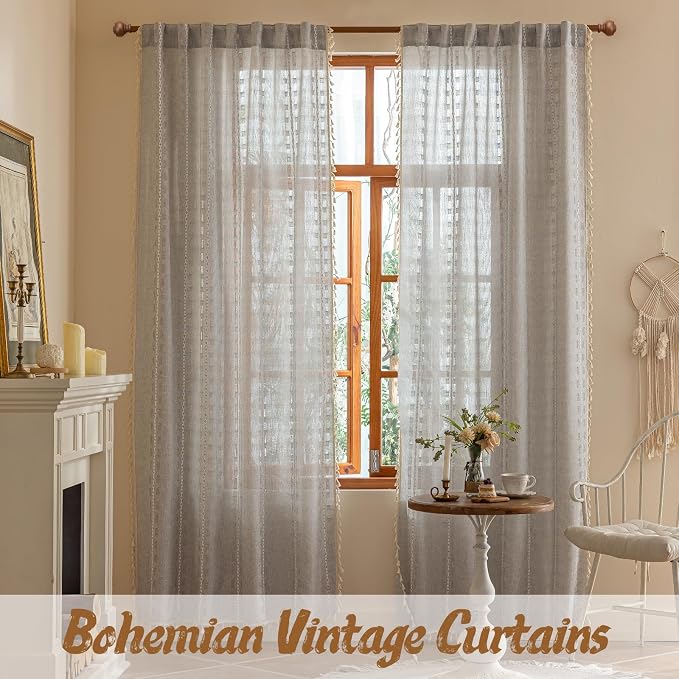 Light Gray Boho Sheer Curtains 72 inches Long 2 Panels for Bedroom, Light filtering Semi Sheer Bohemian French Country Privacy Tassels Vintage Chic Embroidery Stripes Window Curtains Back Tab, 50" W