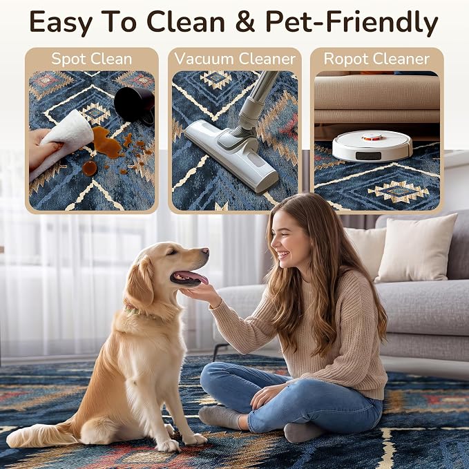 BESTSWEETIE Area Rug 4x6 Rug Machine Washable Non-Slip Low Pile Print Pattern Western Rug for Living Room Bedroom Entryway Tribal Series -Darkblue